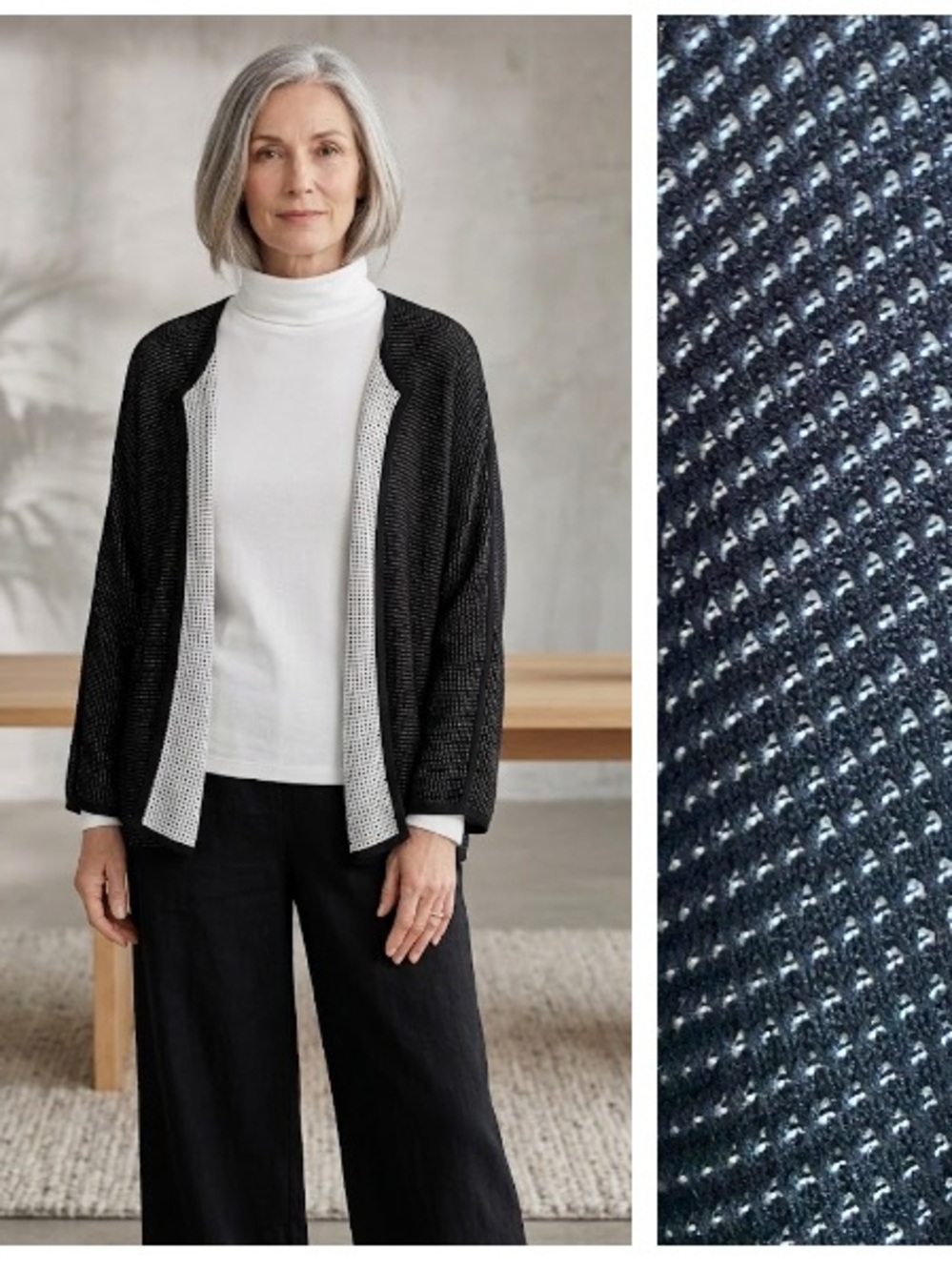 Eileen Fisher Black White Knit Open Cardigan Sweater Large